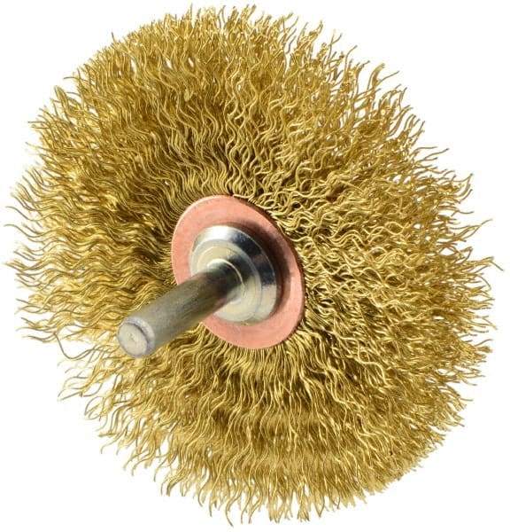 Weiler - 3" OD, 1/4" Shank Diam, Crimped Brass Wheel Brush - 1/2" Face Width, 1" Trim Length, 0.0118" Filament Diam, 20,000 RPM - Eagle Tool & Supply