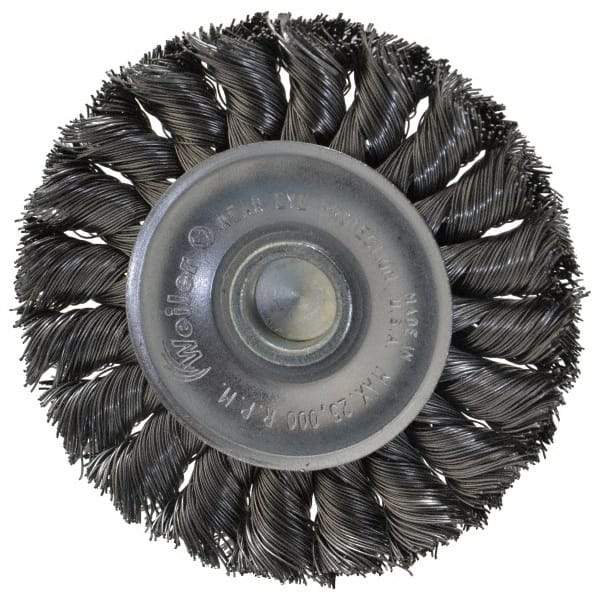 Weiler - 3-1/4" OD, 1/4" Shank Diam, Knotted Steel Wheel Brush - 3/8" Face Width, 5/8" Trim Length, 0.014" Filament Diam, 25,000 RPM - Eagle Tool & Supply