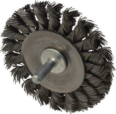 Weiler - 3-1/4" OD, 1/4" Shank Diam, Knotted Steel Wheel Brush - 3/8" Face Width, 5/8" Trim Length, 0.02" Filament Diam, 25,000 RPM - Eagle Tool & Supply