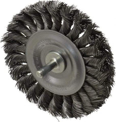 Weiler - 4" OD, 1/4" Shank Diam, Knotted Steel Wheel Brush - 1/2" Face Width, 7/8" Trim Length, 0.014" Filament Diam, 20,000 RPM - Eagle Tool & Supply