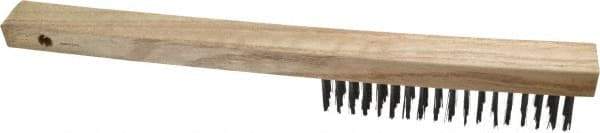 Weiler - 4 Rows x 18 Columns Curved Handle Steel Scratch Brush - 6" Brush Length, 14" OAL, 1" Trim Length, Wood Curved Handle - Eagle Tool & Supply