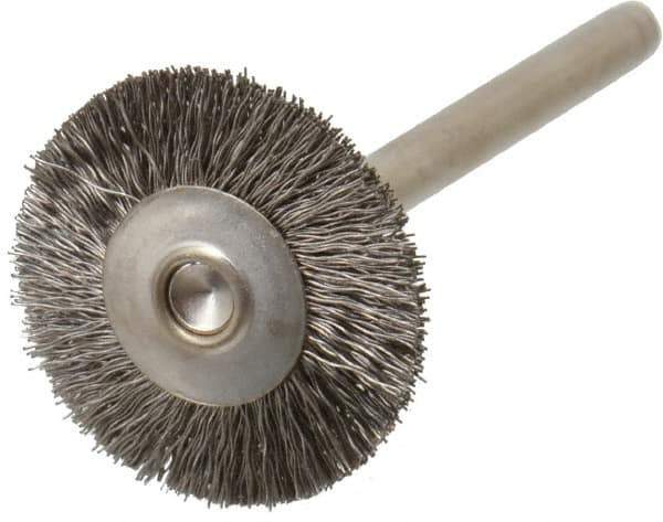 Weiler - 3/4" OD, 1/8" Shank Diam, Crimped Stainless Steel Wheel Brush - 3/16" Trim Length, 0.005" Filament Diam, 37,000 RPM - Eagle Tool & Supply