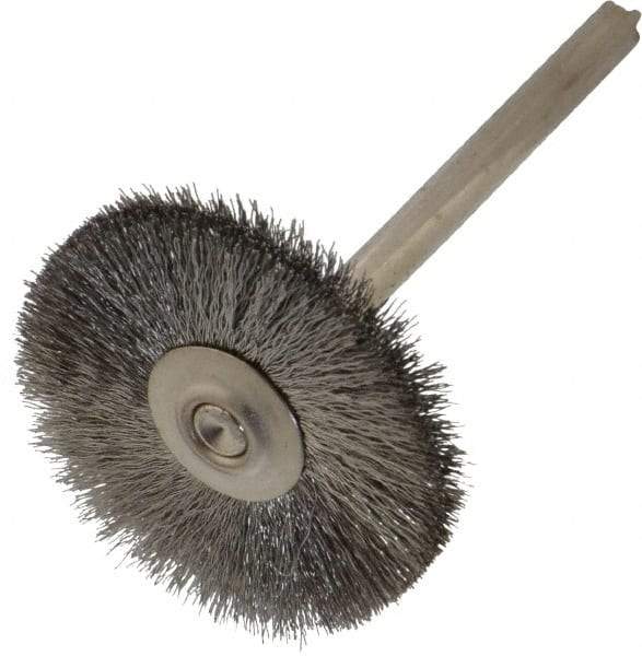 Weiler - 1" OD, 1/8" Shank Diam, Crimped Stainless Steel Wheel Brush - 5/16" Trim Length, 0.003" Filament Diam, 37,000 RPM - Eagle Tool & Supply