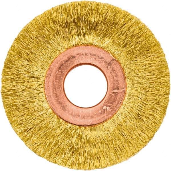 Weiler - 2" OD, 1/2" Arbor Hole, Crimped Brass Wheel Brush - 3/8" Face Width, 1/2" Trim Length, 0.005" Filament Diam, 20,000 RPM - Eagle Tool & Supply