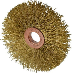 Weiler - 3" OD, 1/2" Arbor Hole, Crimped Brass Wheel Brush - 5/8" Face Width, 1" Trim Length, 0.014" Filament Diam, 20,000 RPM - Eagle Tool & Supply