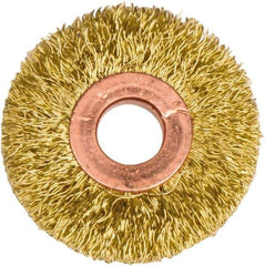 Weiler - 2" OD, 1/2" Arbor Hole, Crimped Brass Wheel Brush - 3/8" Face Width, 1/2" Trim Length, 0.0118" Filament Diam, 20,000 RPM - Eagle Tool & Supply