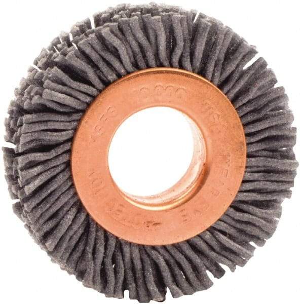 Weiler - 1-1/2" OD, 1/2" Arbor Hole, Nylon Wheel Brush - 3/8" Face Width, 1/4" Trim Length, 0.035" Filament Diam, 10,000 RPM - Eagle Tool & Supply