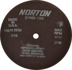 Norton - 7" 60 Grit Aluminum Oxide Cutoff Wheel - 1/16" Thick, 1/2" Arbor, 6,550 Max RPM, Use with Stationary Grinders - Eagle Tool & Supply