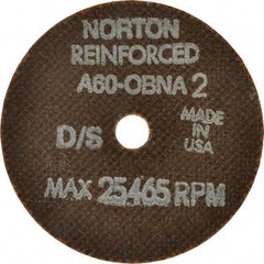 Norton - 3" 60 Grit Aluminum Oxide Cutoff Wheel - 0.06" Thick, 3/8" Arbor, 25,465 Max RPM, Use with Die Grinders - Eagle Tool & Supply