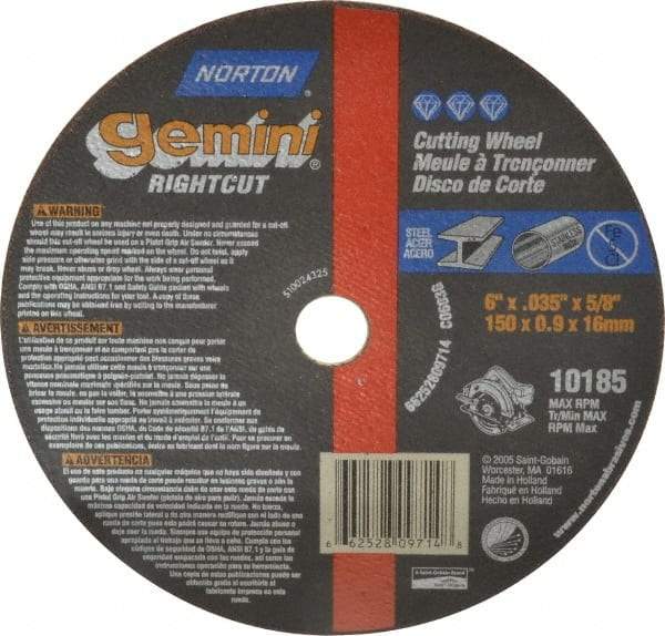 Norton - 6" 60 Grit Aluminum Oxide Cutoff Wheel - 0.035" Thick, 5/8" Arbor, 10,185 Max RPM, Use with Circular Saws - Eagle Tool & Supply