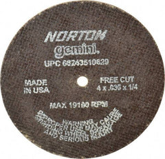 Norton - 4" 60 Grit Aluminum Oxide Cutoff Wheel - 0.035" Thick, 1/4" Arbor, 19,100 Max RPM, Use with Die Grinders - Eagle Tool & Supply