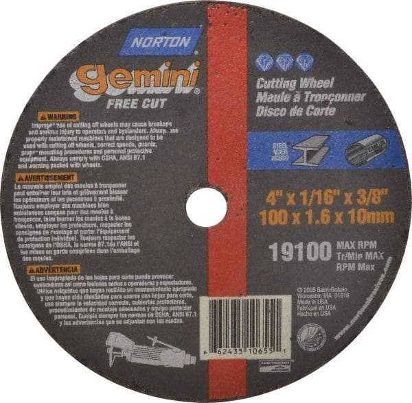 Norton - 4" 36 Grit Aluminum Oxide Cutoff Wheel - 1/16" Thick, 3/8" Arbor, 19,100 Max RPM, Use with Die Grinders - Eagle Tool & Supply