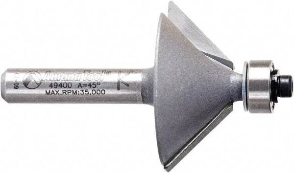 Amana Tool - 1-1/4" Cut Diam, 1/2" Length of Cut, 2 Flute Chamfer Edge Profile Router Bit - Carbide-Tipped, 1/4" Shank Diam, 2" OAL, Uncoated - Eagle Tool & Supply