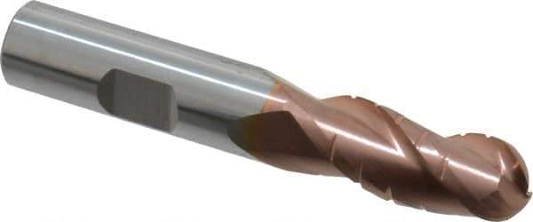 ProMax - 1/2" Diam, 1-1/4" LOC, 3 Flute Solid Carbide Roughing & Finishing Ball End Mill - TiCN Finish, 3" OAL, 1/2" Shank Diam, Weldon Shank, 35° Helix, Centercutting - Eagle Tool & Supply