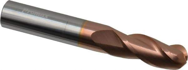 ProMax - 3/8" Diam, 7/8" LOC, 3 Flute Solid Carbide Ball End Mill - TiCN Finish, Single End, 2-1/2" OAL, 3/8" Shank Diam, Spiral Flute - Eagle Tool & Supply