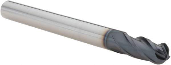 Iscar - 9mm Diam, 20mm LOC, 4 Flute Solid Carbide Ball End Mill - TiAlN Finish, Single End, 100mm OAL, 9mm Shank Diam, Spiral Flute - Eagle Tool & Supply