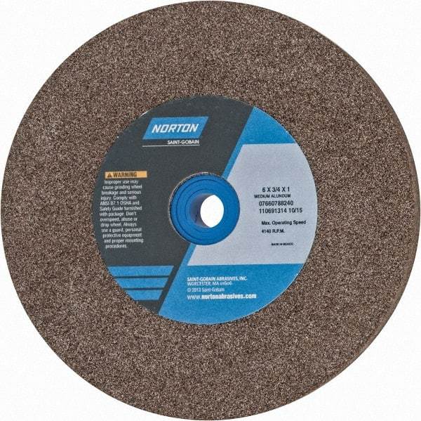 Norton - 60/80 Grit Aluminum Oxide Bench & Pedestal Grinding Wheel - 6" Diam x 1" Hole x 3/4" Thick, 4140 Max RPM, Medium Grade - Eagle Tool & Supply