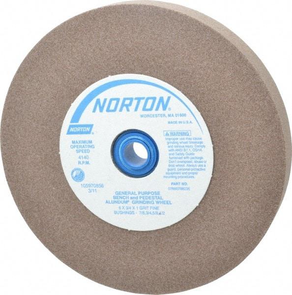 Norton - 100 Grit Aluminum Oxide Bench & Pedestal Grinding Wheel - 6" Diam x 1" Hole x 3/4" Thick, 4140 Max RPM, Fine Grade - Eagle Tool & Supply