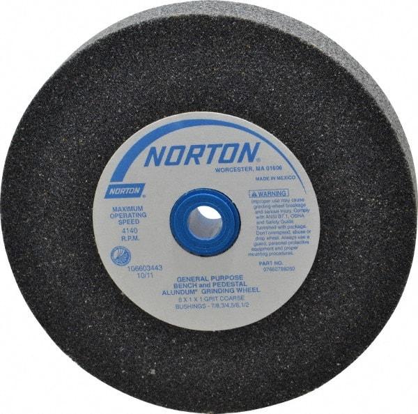 Norton - 36 Grit Aluminum Oxide Bench & Pedestal Grinding Wheel - 6" Diam x 1" Hole x 1" Thick, 4140 Max RPM, Very Coarse/Coarse Grade - Eagle Tool & Supply