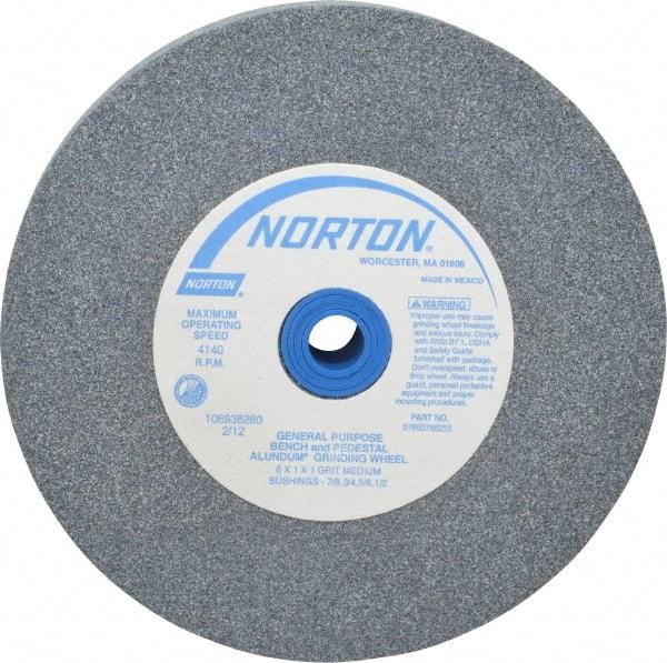 Norton - 60 Grit Aluminum Oxide Bench & Pedestal Grinding Wheel - 6" Diam x 1" Hole x 1" Thick, 4140 Max RPM, Medium Grade - Eagle Tool & Supply