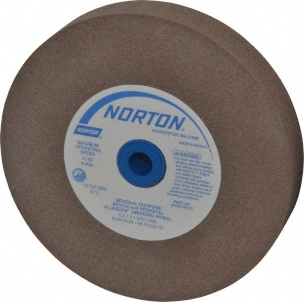 Norton - 100 Grit Aluminum Oxide Bench & Pedestal Grinding Wheel - 6" Diam x 1" Hole x 1" Thick, 4140 Max RPM, Fine Grade - Eagle Tool & Supply