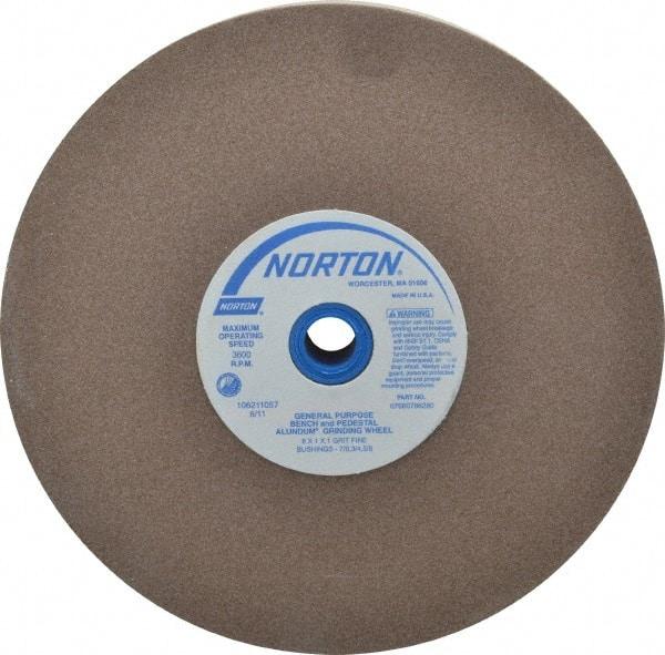 Norton - 100 Grit Aluminum Oxide Bench & Pedestal Grinding Wheel - 8" Diam x 1" Hole x 1" Thick, 3600 Max RPM, Fine Grade - Eagle Tool & Supply