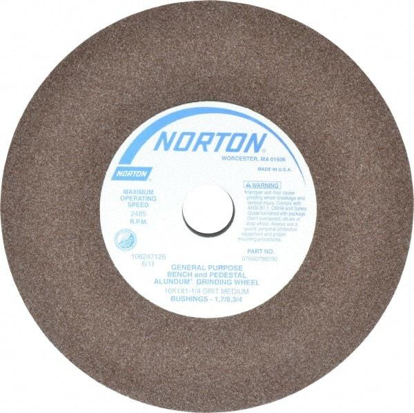 Norton - 60/80 Grit Aluminum Oxide Bench & Pedestal Grinding Wheel - 10" Diam x 1-1/4" Hole x 1" Thick, 2485 Max RPM, Medium Grade - Eagle Tool & Supply