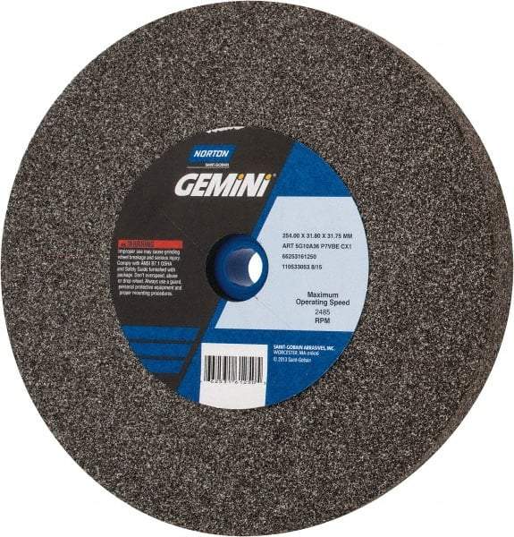 Norton - 36/46 Grit Aluminum Oxide Bench & Pedestal Grinding Wheel - 10" Diam x 1-1/4" Hole x 1-1/4" Thick, 2485 Max RPM, Very Coarse/Coarse Grade - Eagle Tool & Supply