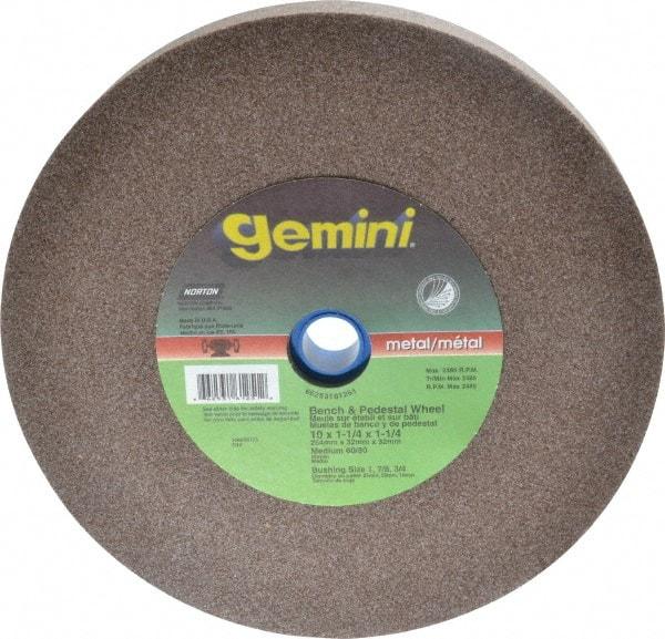 Norton - 60/80 Grit Aluminum Oxide Bench & Pedestal Grinding Wheel - 10" Diam x 1-1/4" Hole x 1-1/4" Thick, 2485 Max RPM, Medium Grade - Eagle Tool & Supply