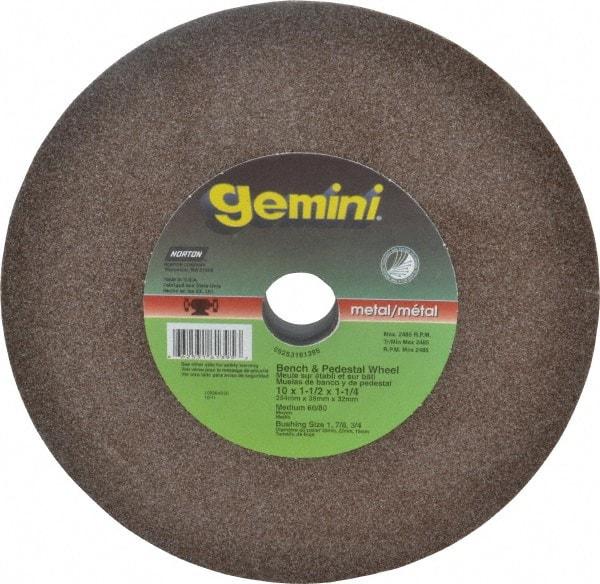 Norton - 60 Grit Aluminum Oxide Bench & Pedestal Grinding Wheel - 10" Diam x 1-1/4" Hole x 1-1/2" Thick, 2485 Max RPM, Medium Grade - Eagle Tool & Supply