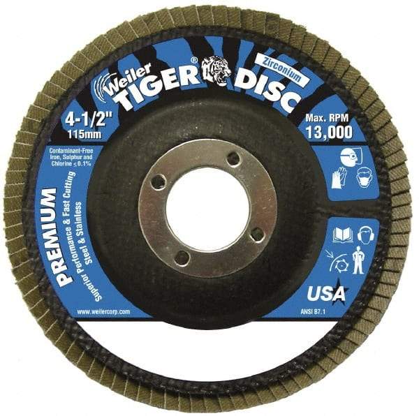 Weiler - 24 Grit, 4-1/2" Disc Diam, 7/8" Center Hole, Type 29 Zirconia Alumina Flap Disc - 13,000 Max RPM, Phenolic Backing, Quick Change Type S Attaching System, Coated - Eagle Tool & Supply