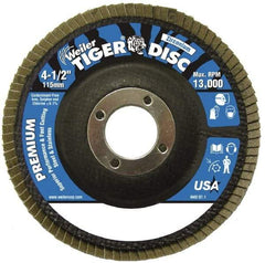 Weiler - 24 Grit, 4-1/2" Disc Diam, 7/8" Center Hole, Type 29 Zirconia Alumina Flap Disc - 13,000 Max RPM, Phenolic Backing, Quick Change Type S Attaching System, Coated - Eagle Tool & Supply