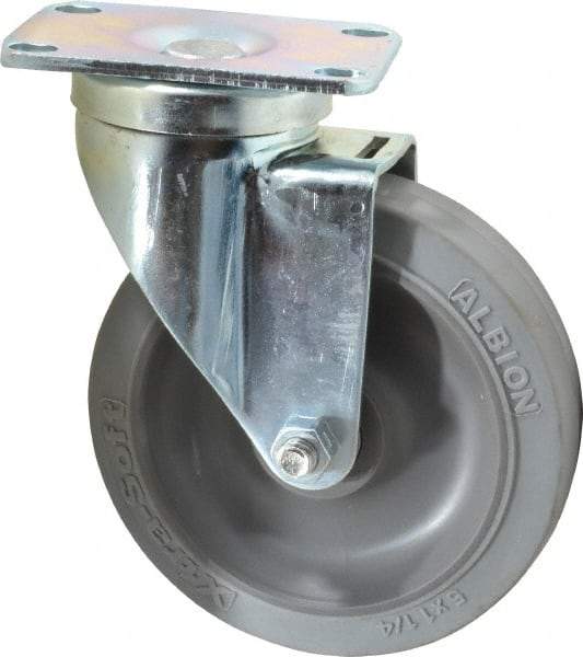 Albion - 5" Diam x 1-1/4" Wide x 6-3/16" OAH Top Plate Mount Swivel Caster - Rubber, 325 Lb Capacity, Ball Bearing, 2-1/2 x 3-5/8" Plate - Eagle Tool & Supply