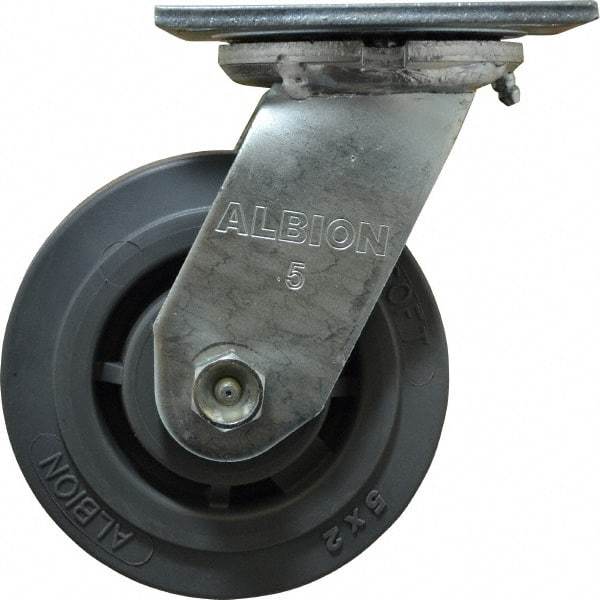 Albion - 5" Diam x 2" Wide x 6-1/2" OAH Top Plate Mount Swivel Caster - Soft Rubber, 350 Lb Capacity, Roller Bearing, 4 x 4-1/2" Plate - Eagle Tool & Supply