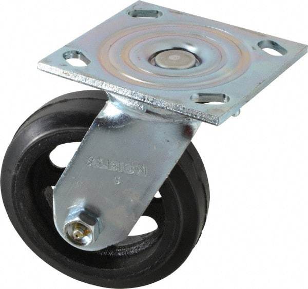 Albion - 5" Diam x 1-1/2" Wide x 6-1/2" OAH Top Plate Mount Swivel Caster - Rubber, 300 Lb Capacity, Roller Bearing, 4 x 4-1/2" Plate - Eagle Tool & Supply