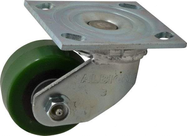 Albion - 3-1/4" Diam x 1-5/8" Wide x 4-1/4" OAH Top Plate Mount Swivel Caster - Polyurethane, 420 Lb Capacity, Roller Bearing, 4 x 4-1/2" Plate - Eagle Tool & Supply