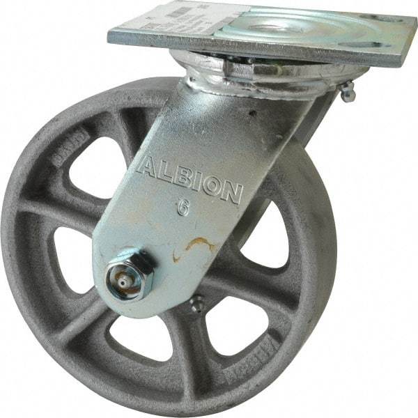 Albion - 6" Diam x 1-1/2" Wide x 7-1/4" OAH Top Plate Mount Swivel Caster - Cast Iron, 800 Lb Capacity, Roller Bearing, 4 x 4-1/2" Plate - Eagle Tool & Supply