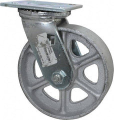Albion - 6" Diam x 2" Wide x 7-1/4" OAH Top Plate Mount Swivel Caster - Cast Iron, 1,200 Lb Capacity, Roller Bearing, 4 x 4-1/2" Plate - Eagle Tool & Supply