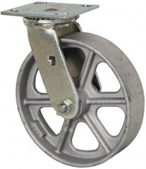 Albion - 8" Diam x 2" Wide x 9-1/2" OAH Top Plate Mount Swivel Caster - Cast Iron, 1,250 Lb Capacity, Roller Bearing, 4 x 4-1/2" Plate - Eagle Tool & Supply