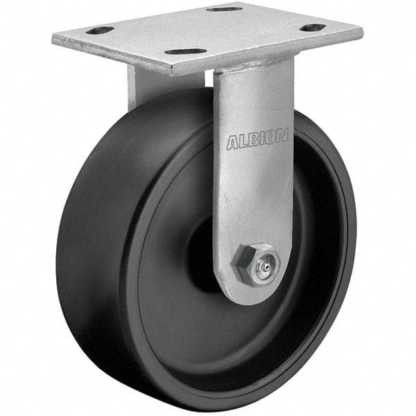 Albion - 8" Diam x 2" Wide x 9-1/2" OAH Top Plate Mount Rigid Caster - Rubber, 500 Lb Capacity, Roller Bearing, 4 x 4-1/2" Plate - Eagle Tool & Supply