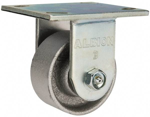 Albion - 3-1/4" Diam x 1-1/2" Wide x 4-1/4" OAH Top Plate Mount Rigid Caster - Cast Iron, 400 Lb Capacity, Roller Bearing, 4 x 4-1/2" Plate - Eagle Tool & Supply