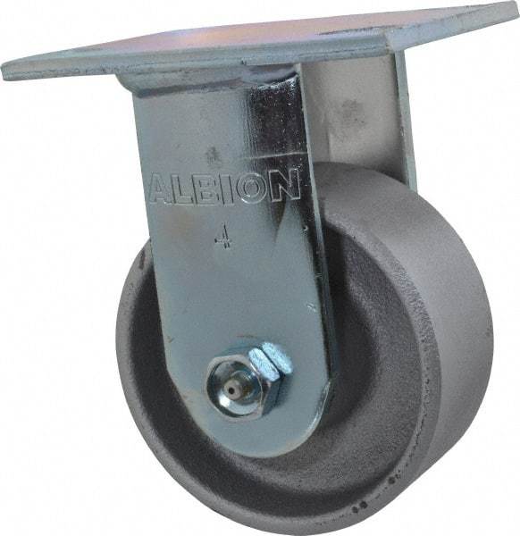 Albion - 4" Diam x 2" Wide x 5-5/8" OAH Top Plate Mount Rigid Caster - Cast Iron, 700 Lb Capacity, Roller Bearing, 4 x 4-1/2" Plate - Eagle Tool & Supply
