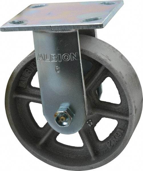 Albion - 6" Diam x 2" Wide x 7-1/4" OAH Top Plate Mount Rigid Caster - Cast Iron, 900 Lb Capacity, Roller Bearing, 4 x 4-1/2" Plate - Eagle Tool & Supply