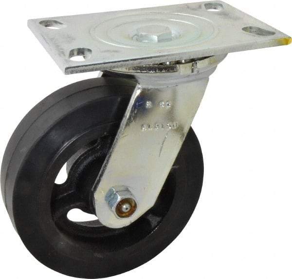 Albion - 6" Diam x 2" Wide x 7-1/2" OAH Top Plate Mount Swivel Caster - Rubber, 410 Lb Capacity, Roller Bearing, 4-1/2 x 6-1/4" Plate - Eagle Tool & Supply