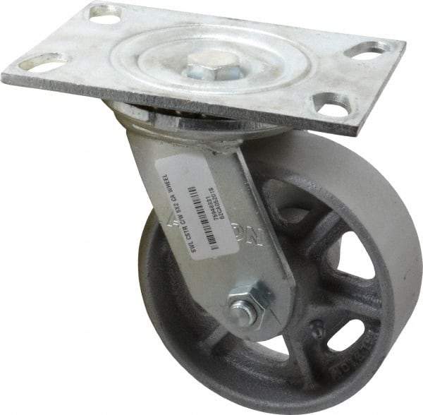 Albion - 5" Diam x 2" Wide x 6-1/2" OAH Top Plate Mount Swivel Caster - Cast Iron, 1,000 Lb Capacity, Roller Bearing, 4-1/2 x 6-1/4" Plate - Eagle Tool & Supply