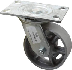 Albion - 5" Diam x 2" Wide x 6-1/2" OAH Top Plate Mount Swivel Caster - Cast Iron, 1,000 Lb Capacity, Roller Bearing, 4-1/2 x 6-1/4" Plate - Eagle Tool & Supply