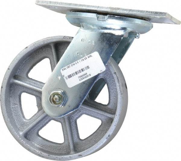 Albion - 6" Diam x 2" Wide x 7-1/2" OAH Top Plate Mount Swivel Caster - Cast Iron, 1,200 Lb Capacity, Roller Bearing, 4-1/2 x 6-1/4" Plate - Eagle Tool & Supply