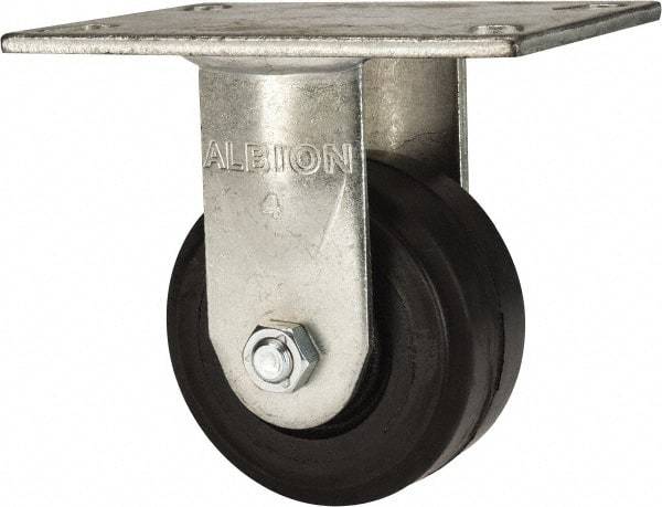 Albion - 4" Diam x 2" Wide x 5-5/8" OAH Top Plate Mount Rigid Caster - Rubber, 350 Lb Capacity, Roller Bearing, 4-1/2 x 6-1/4" Plate - Eagle Tool & Supply