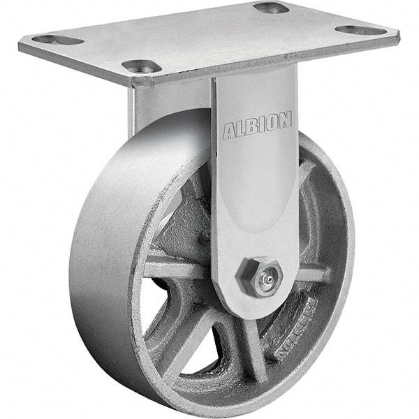 Albion - 8" Diam x 2" Wide x 10-1/8" OAH Top Plate Mount Rigid Caster - Cast Iron, 1,400 Lb Capacity, Roller Bearing, 4-1/2 x 6-1/4" Plate - Eagle Tool & Supply