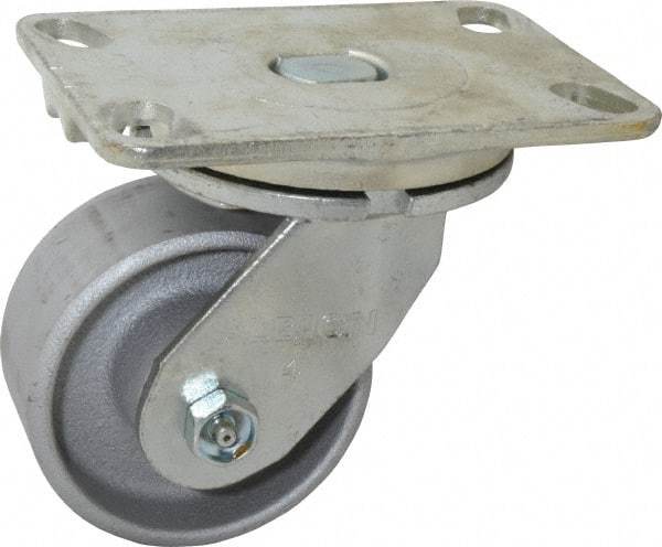 Albion - 4" Diam x 2" Wide x 5-5/8" OAH Top Plate Mount Swivel Caster - Cast Iron, 700 Lb Capacity, Roller Bearing, 4-1/2 x 6-1/4" Plate - Eagle Tool & Supply